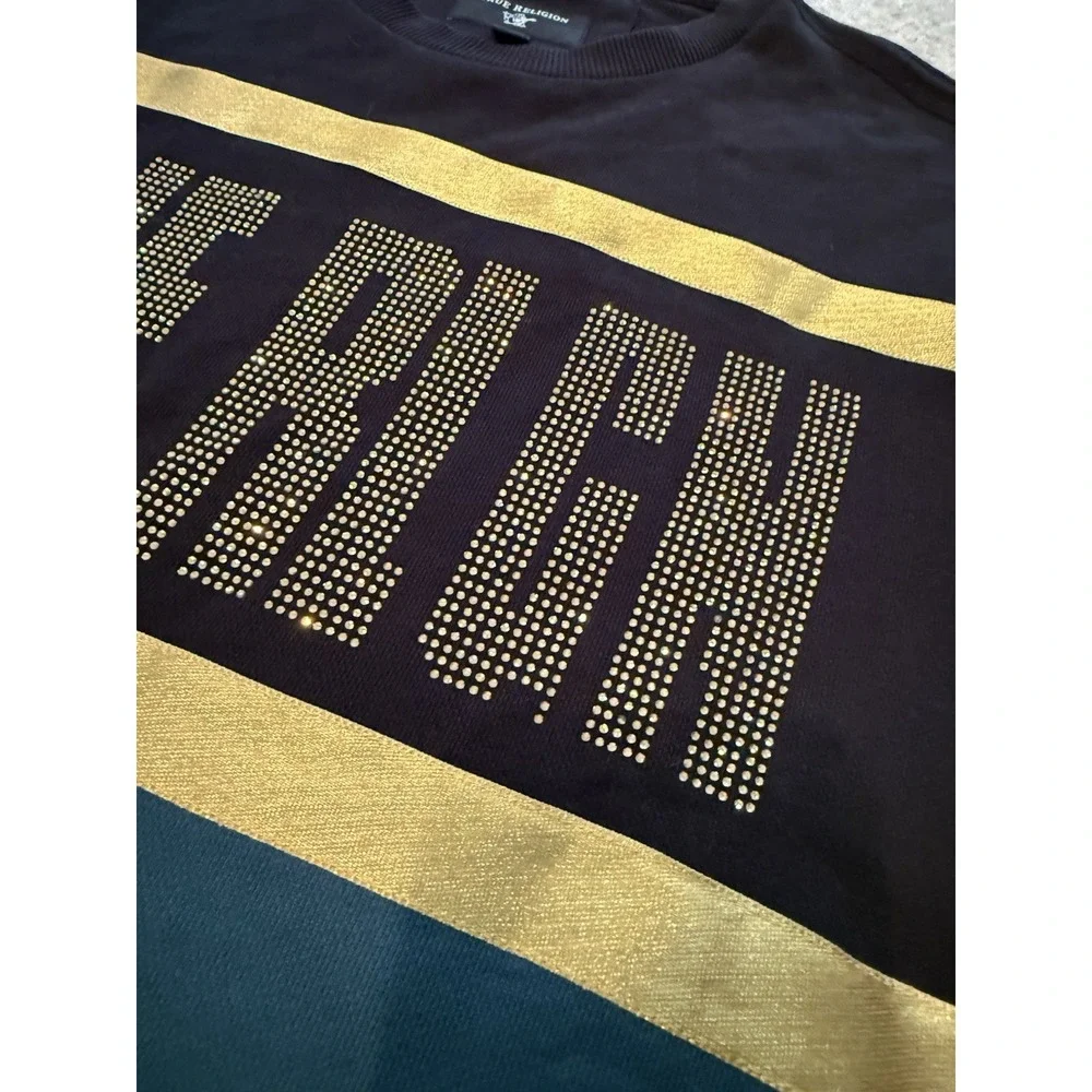 Men's True Religion Color Block Sweatshirt Gold Black Embellished Rhinestone Med